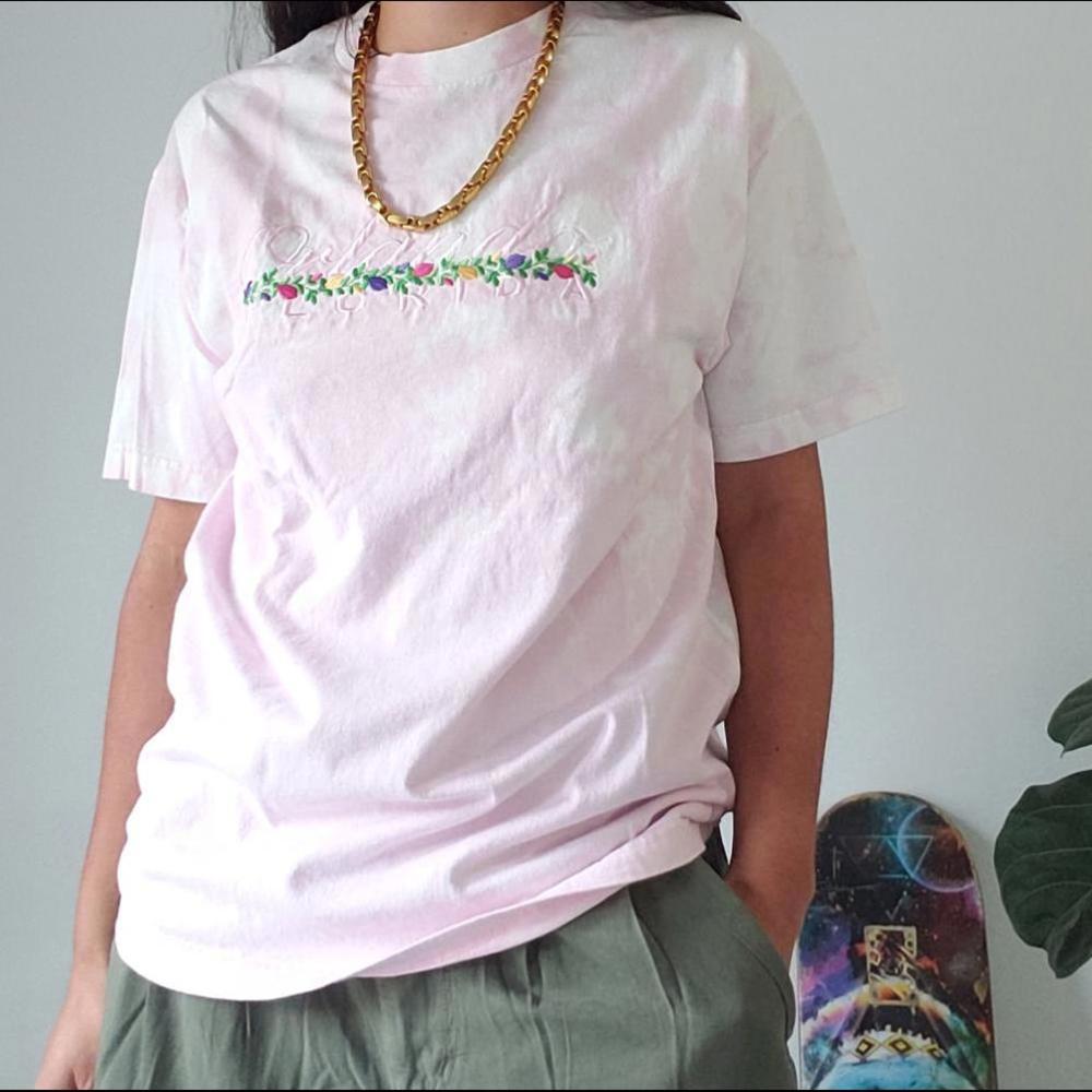 Pink and White Tie-Dye Floral Orlando Florida T-shirt Flower Embroidered Design